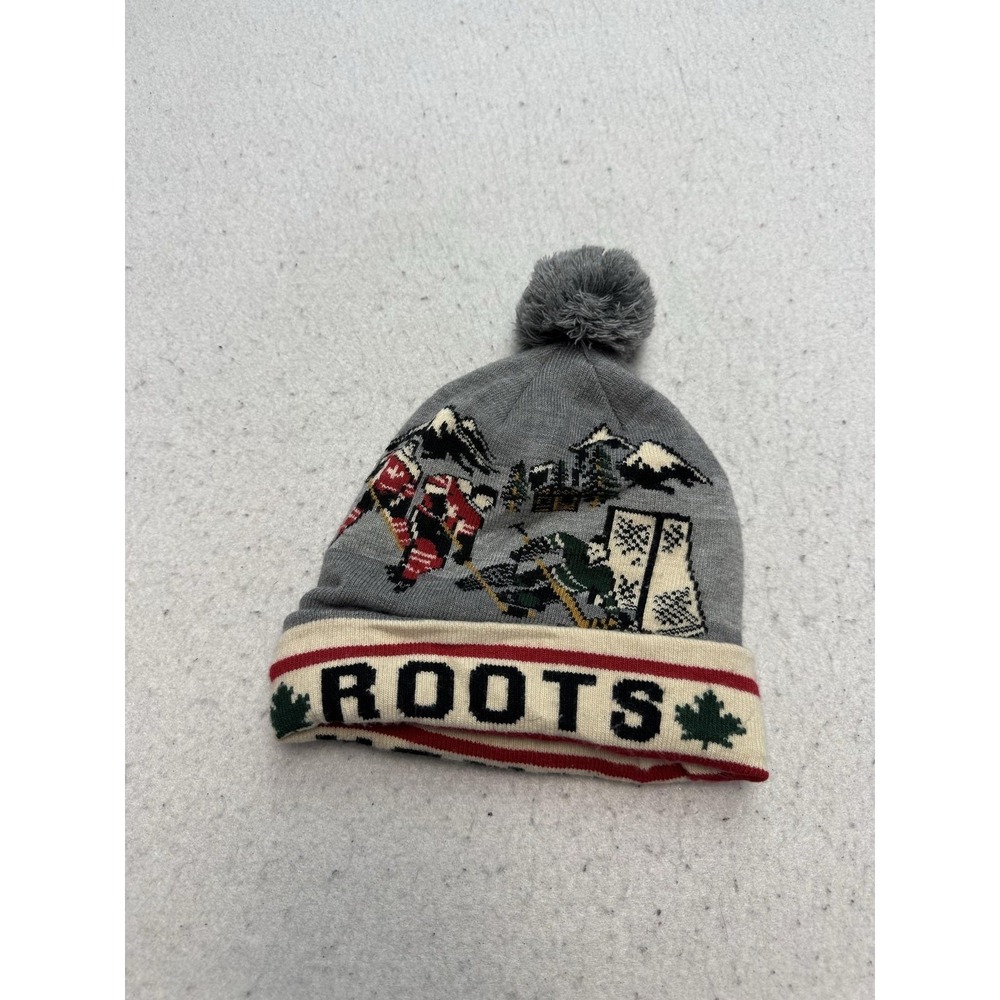 Roots Hat Beanie Mens One Size Gray Knit Pom Pom Canada Hockey Graphic Winter